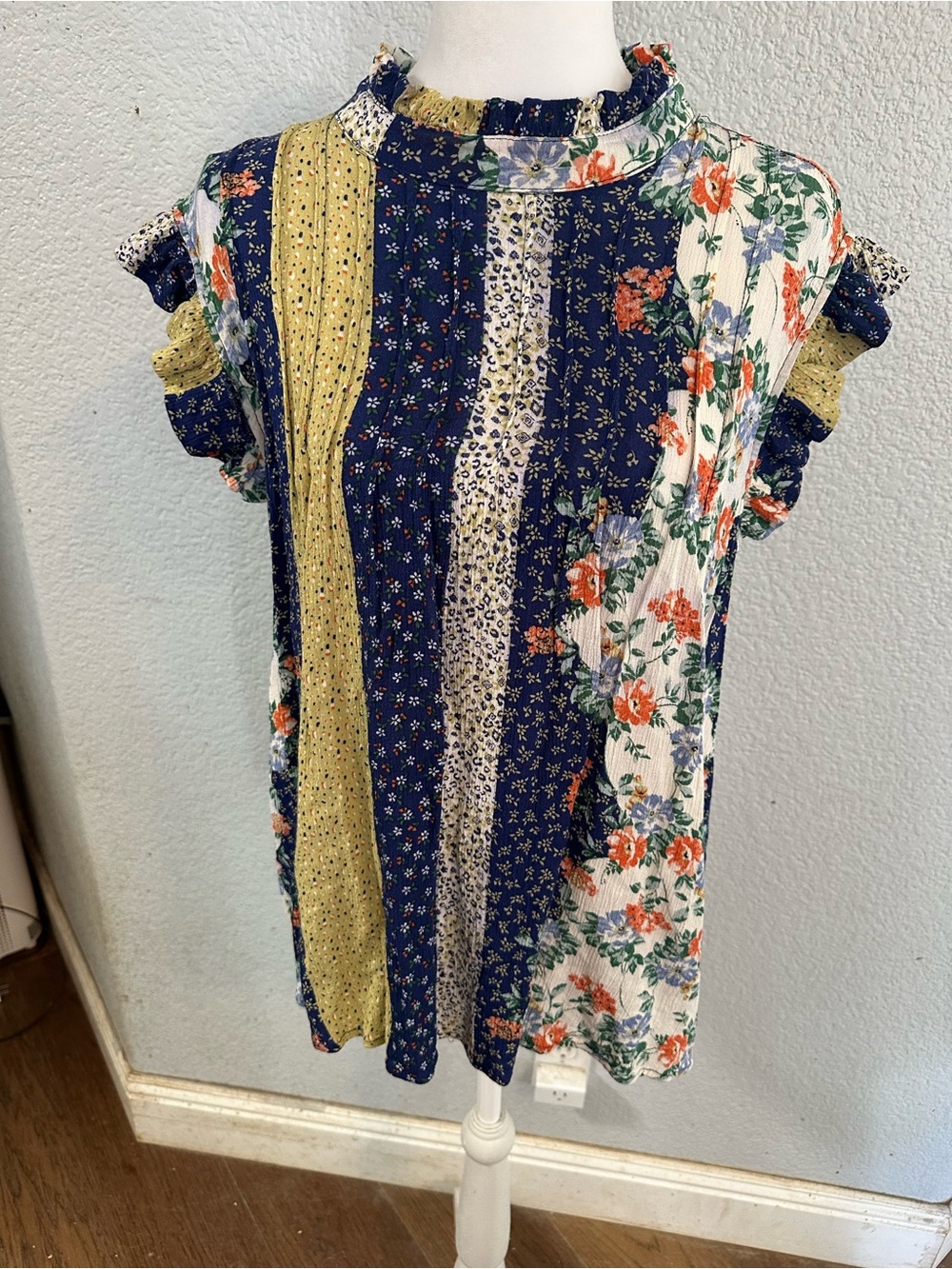 everleigh Floral Patchwork Ruffle Sleeve Top - Navy, Cream & Mustard